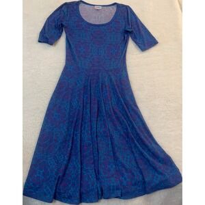LuLaRoe Nicole Dress Womens XS Blue Purple Damask Paisley Fit Flare Elbow Sleeve